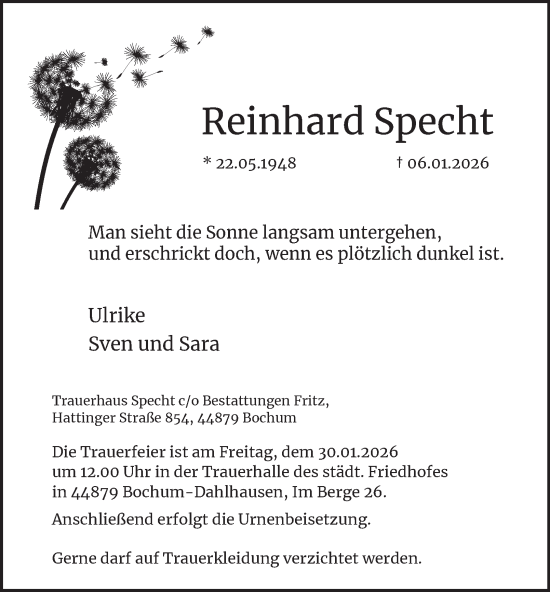 Traueranzeige von Reinhard Specht von Tageszeitung