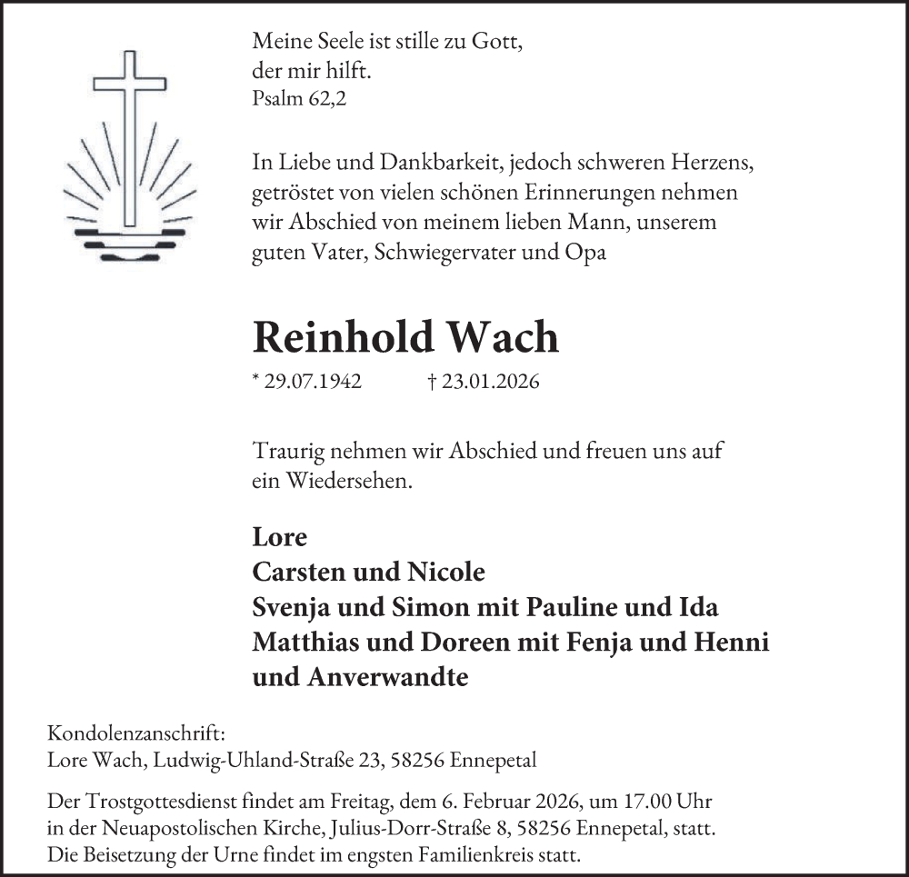  Traueranzeige für Reinhold Wach vom 31.01.2026 aus Tageszeitung