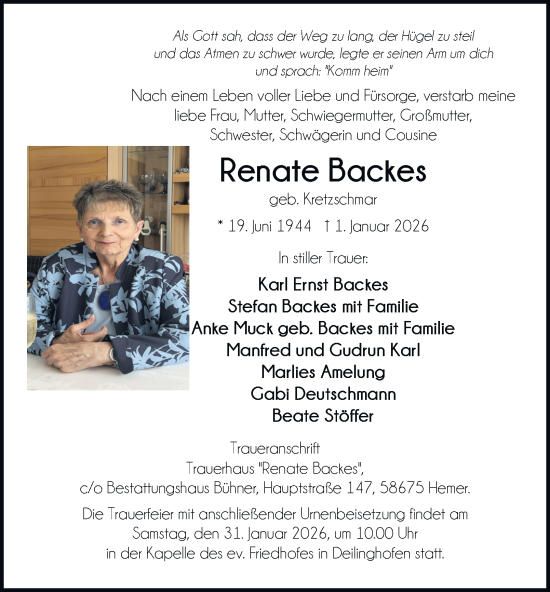 Traueranzeige von Renate Backes von Tageszeitung