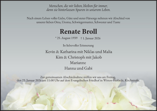 Traueranzeige von Renate Broll von Tageszeitung