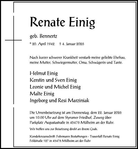 Traueranzeige von Renate Einig von Tageszeitung