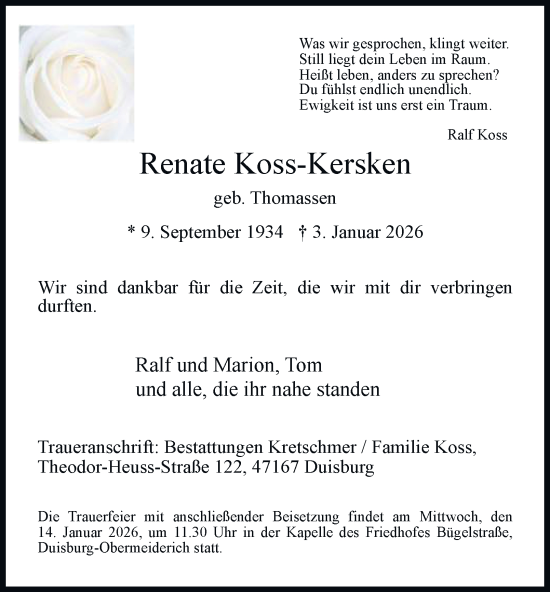 Traueranzeige von Renate Koss-Kersken von Tageszeitung
