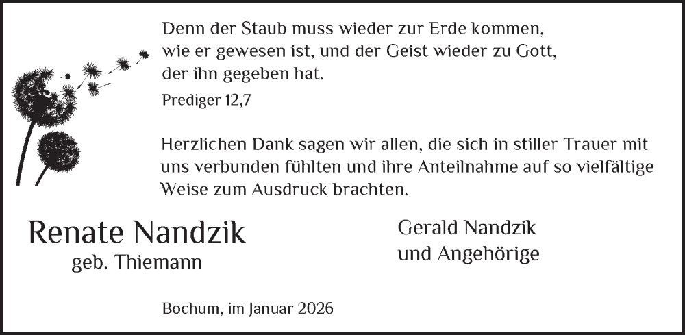  Traueranzeige für Renate Nandzik vom 03.01.2026 aus Tageszeitung