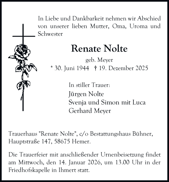 Traueranzeige von Renate Nolte von Tageszeitung