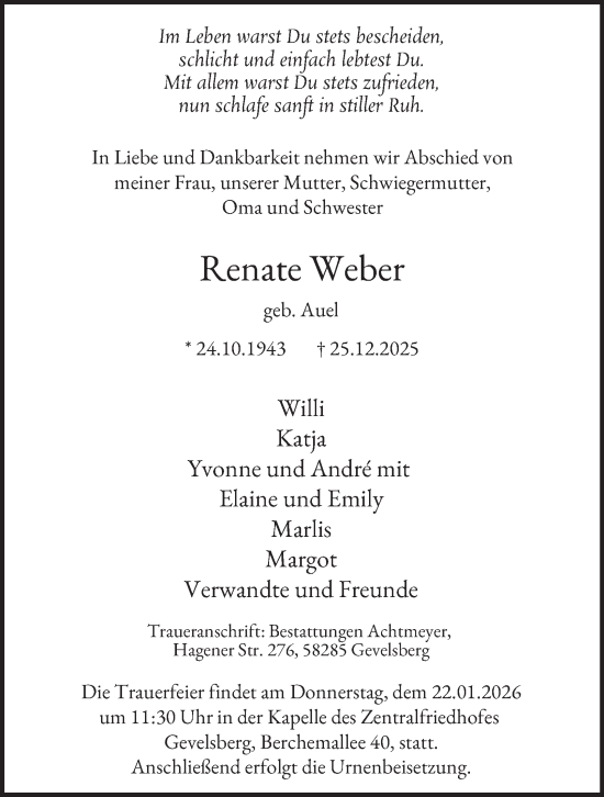 Traueranzeige von Renate Weber von Tageszeitung