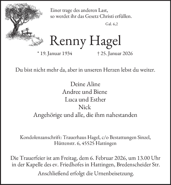 Traueranzeige von Renny Hagel von Tageszeitung