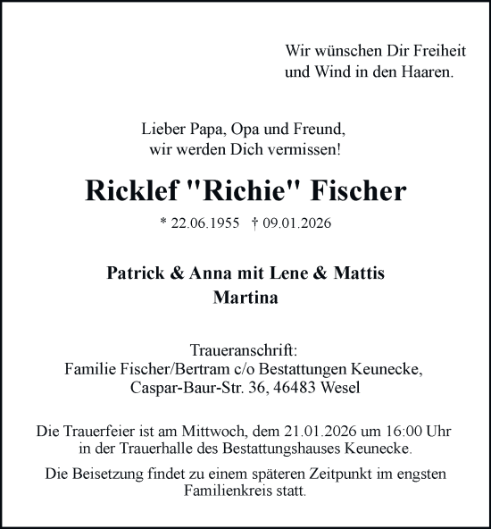 Traueranzeige von Ricklef Fischer von Tageszeitung