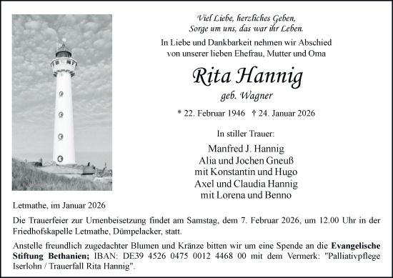 Traueranzeige von Rita Hannig von Tageszeitung