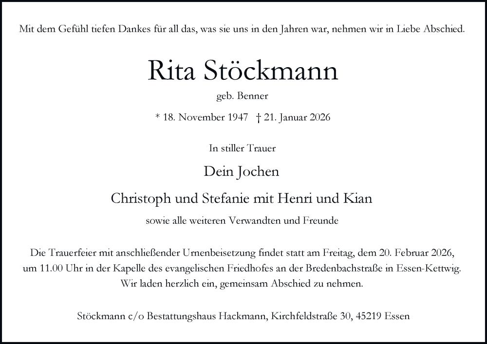  Traueranzeige für Rita Stöckmann vom 31.01.2026 aus Tageszeitung