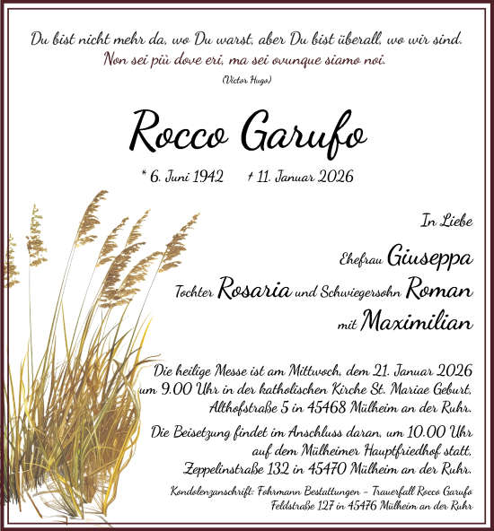 Traueranzeige von Rocco Garufo von Tageszeitung