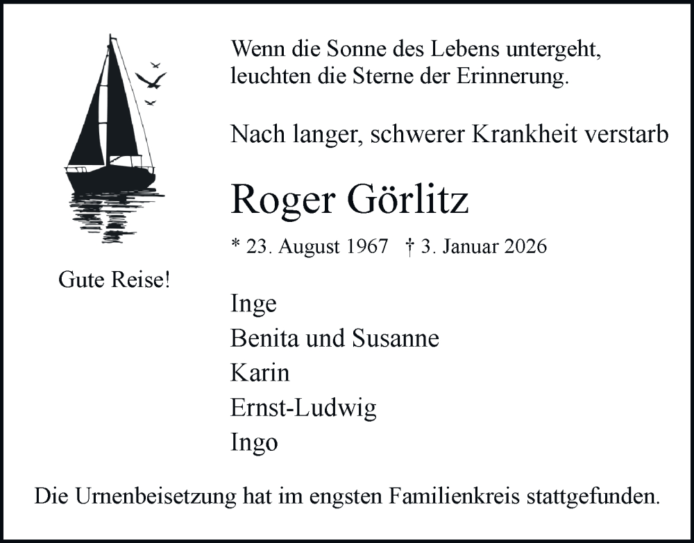  Traueranzeige für Roger Görlitz vom 31.01.2026 aus Tageszeitung