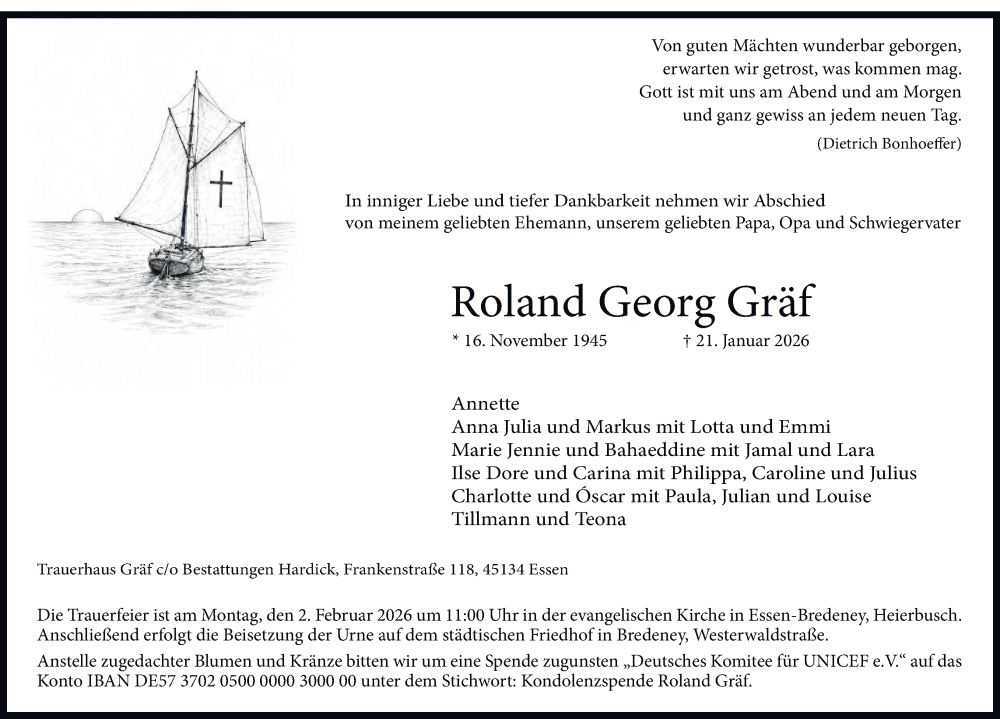  Traueranzeige für Roland Georg Gräf vom 31.01.2026 aus Tageszeitung