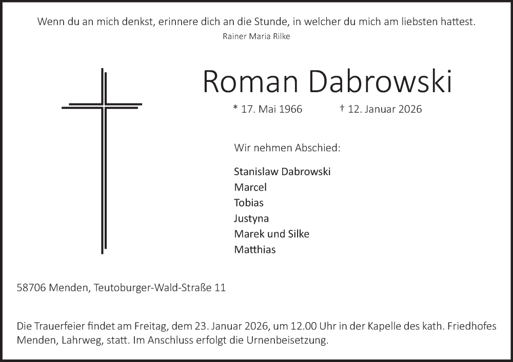  Traueranzeige für Roman Dabrowski vom 21.01.2026 aus Tageszeitung