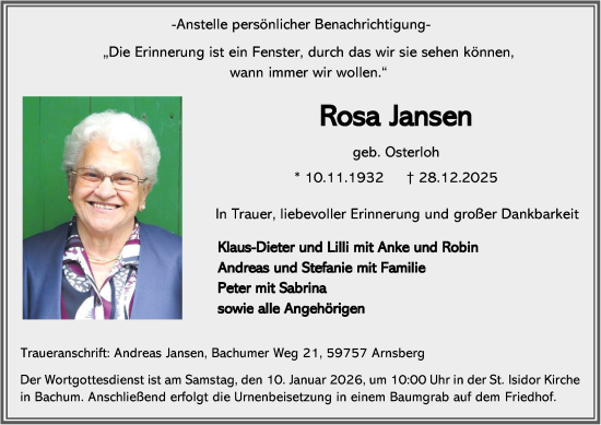 Traueranzeige von Rosa Jansen von Tageszeitung