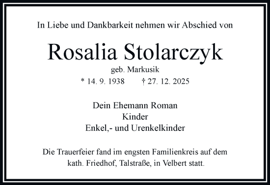 Traueranzeige von Rosalia Stolarczyk von Tageszeitung