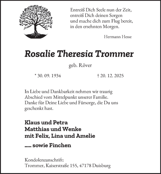 Traueranzeige von Rosalie Theresia Trommer von Tageszeitung