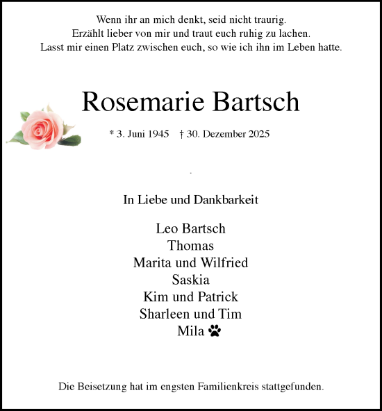 Traueranzeige von Rosemarie Bartsch von Tageszeitung