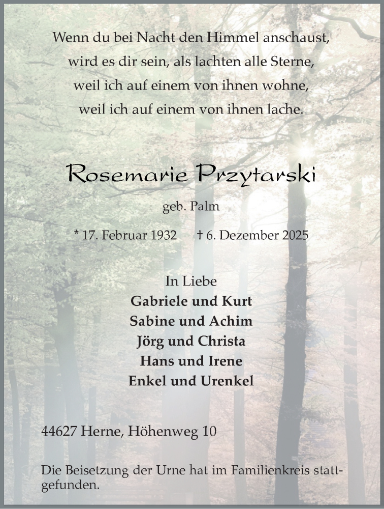  Traueranzeige für Rosemarie Przytarski vom 10.01.2026 aus Tageszeitung