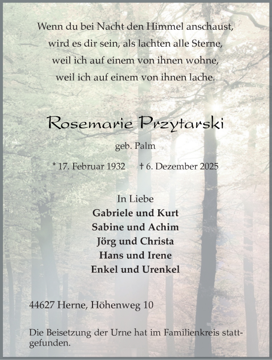 Traueranzeige von Rosemarie Przytarski von Tageszeitung