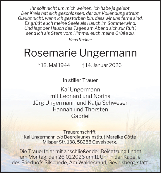 Traueranzeige von Rosemarie Ungermann von Tageszeitung