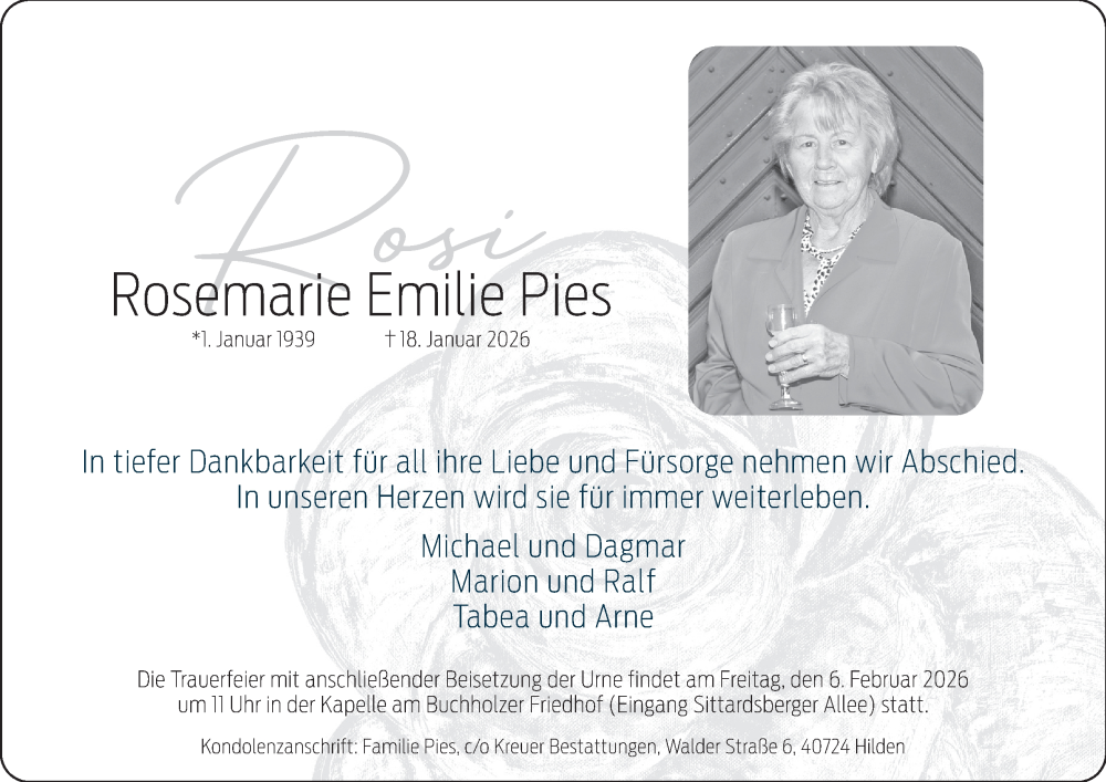  Traueranzeige für Rosemarie Emilie Pies vom 31.01.2026 aus Tageszeitung