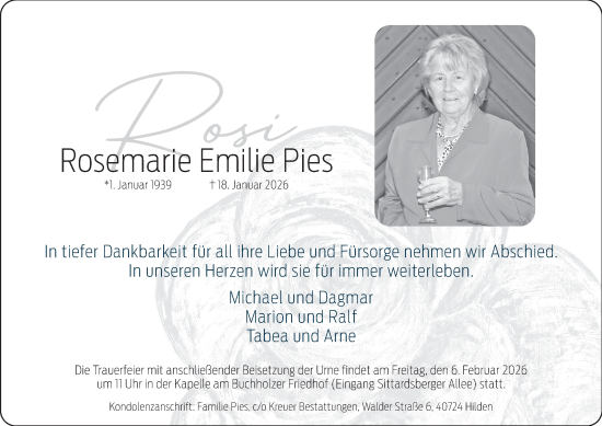 Traueranzeige von Rosemarie Emilie Pies von Tageszeitung