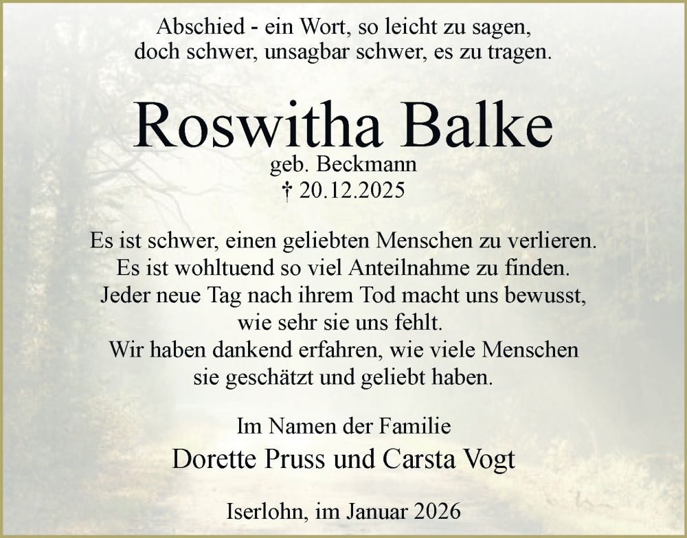  Traueranzeige für Roswitha Balke vom 31.01.2026 aus Tageszeitung