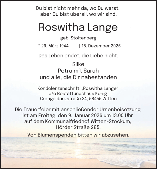 Traueranzeige von Roswitha Lange von Tageszeitung