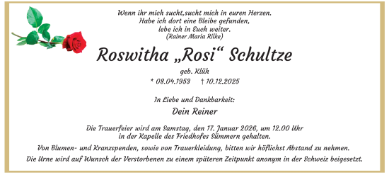 Traueranzeige von Roswitha Schultze von Tageszeitung