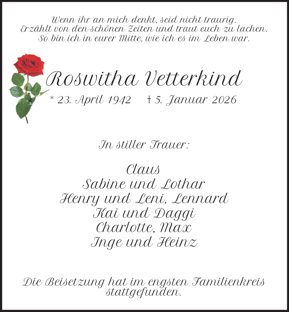  Traueranzeige für Roswitha Vetterkind vom 17.01.2026 aus Tageszeitung