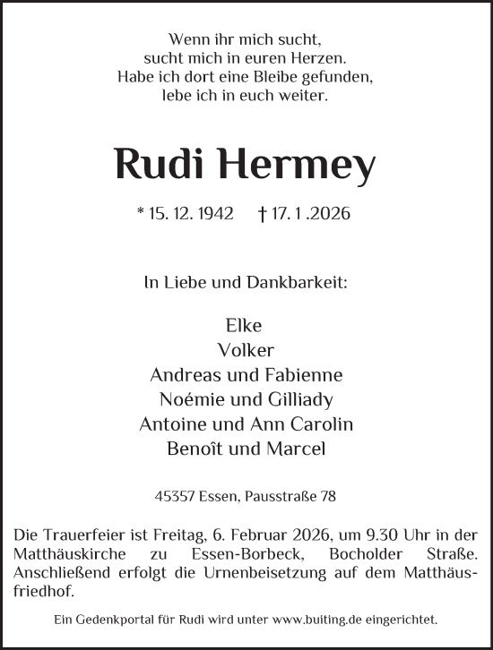 Traueranzeige von Rudi Hermey von Tageszeitung