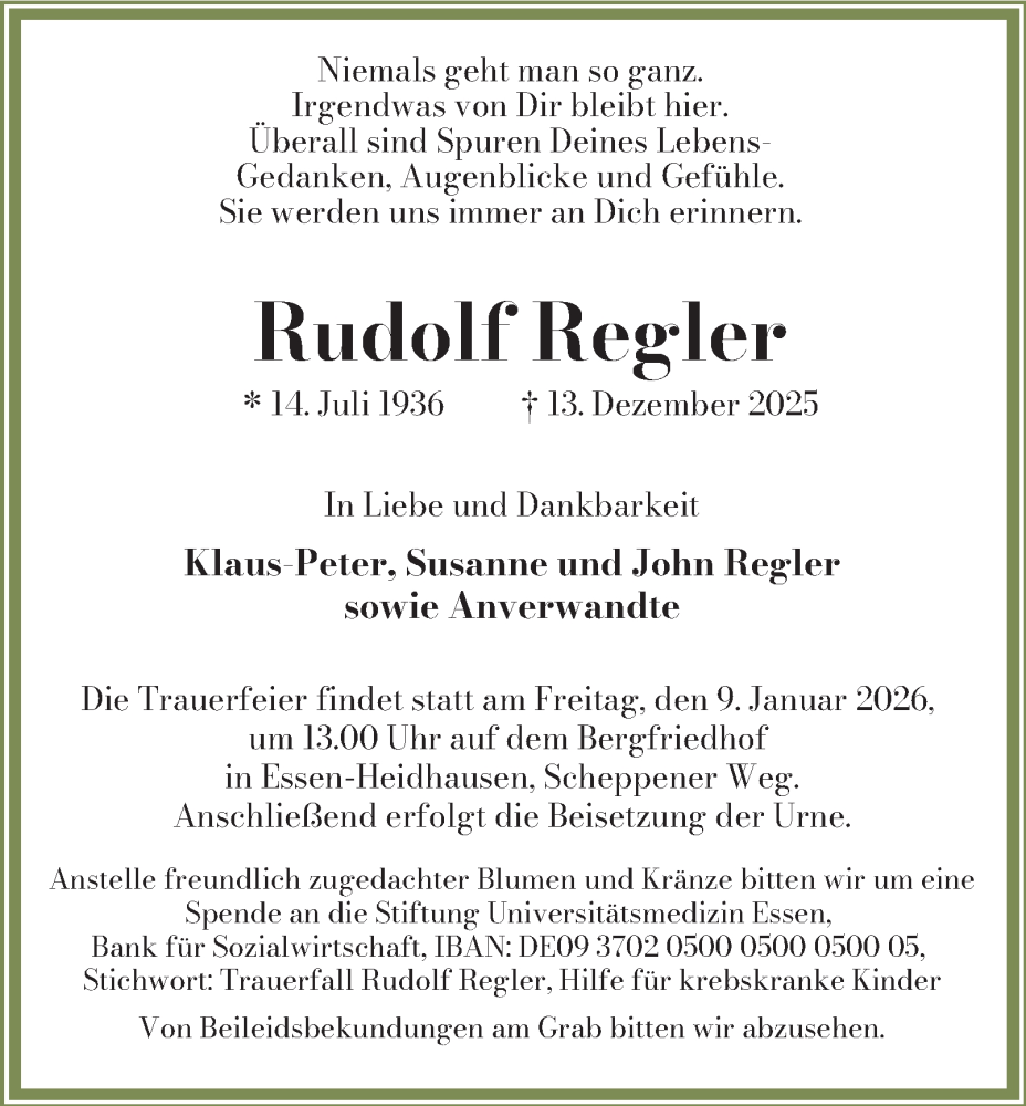  Traueranzeige für Rudolf Regler vom 03.01.2026 aus Tageszeitung