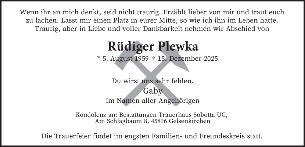  Traueranzeige für Rüdiger Plewka vom 31.01.2026 aus Tageszeitung