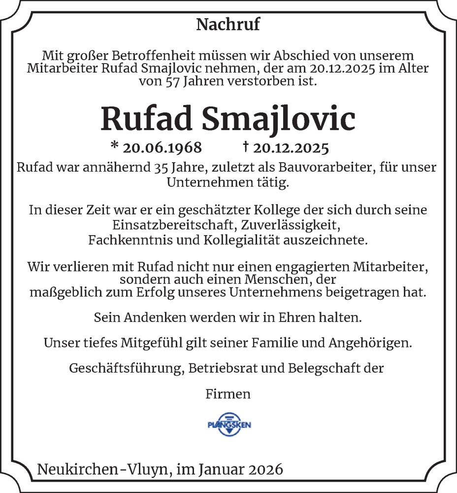  Traueranzeige für Rufad Smajlovic vom 17.01.2026 aus Tageszeitung