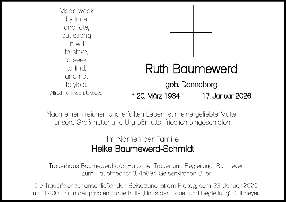  Traueranzeige für Ruth Baumewerd vom 22.01.2026 aus Tageszeitung