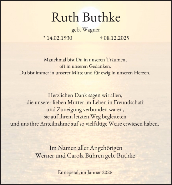 Traueranzeige von Ruth Buthke von Tageszeitung