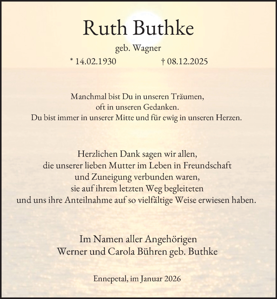 Traueranzeige für Ruth Buthke vom 17.01.2026 aus Tageszeitung
