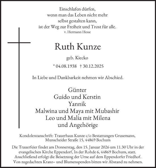 Traueranzeige von Ruth Kunze von Tageszeitung