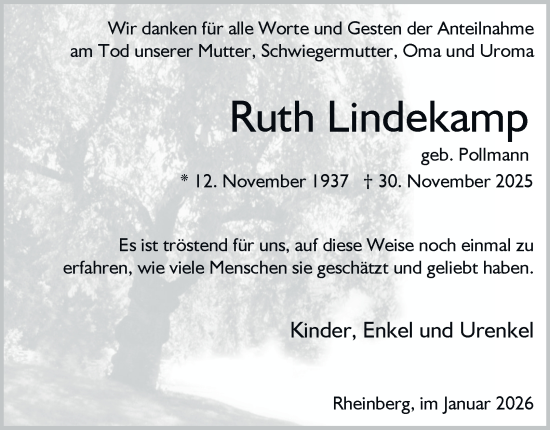 Traueranzeige von Ruth Lindekamp von Tageszeitung