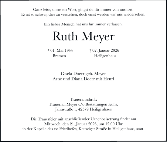 Traueranzeige von Ruth Meyer von Tageszeitung
