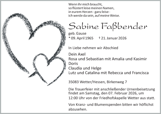 Traueranzeige von Sabine Faßbender von Tageszeitung