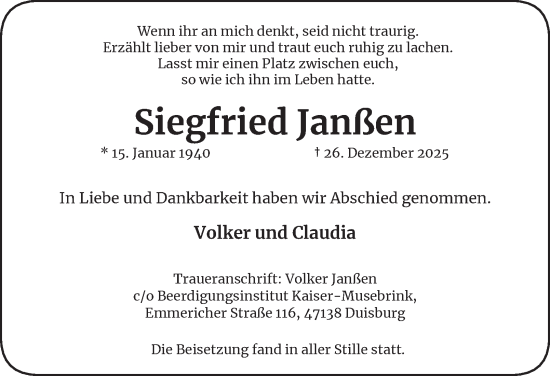 Traueranzeige von Siegfried Janßen von Tageszeitung