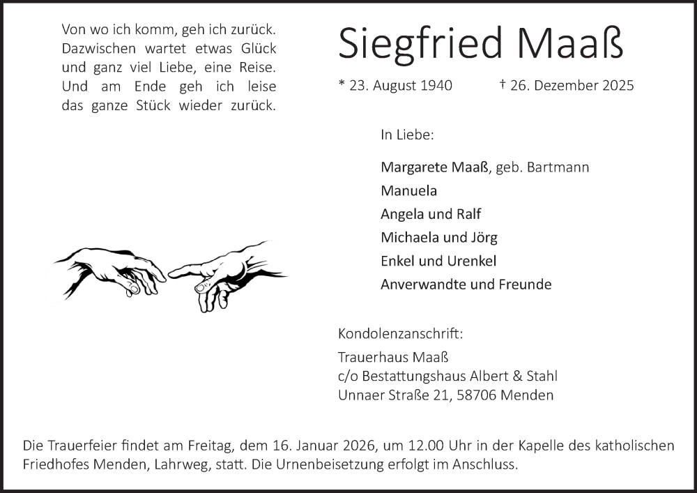  Traueranzeige für Siegfried Maaß vom 10.01.2026 aus Tageszeitung