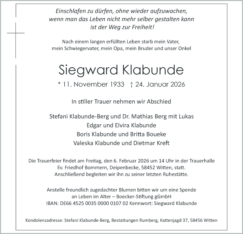  Traueranzeige für Siegward Klabunde vom 31.01.2026 aus Tageszeitung