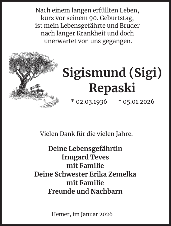 Traueranzeige von Sigismund Repaski von Tageszeitung