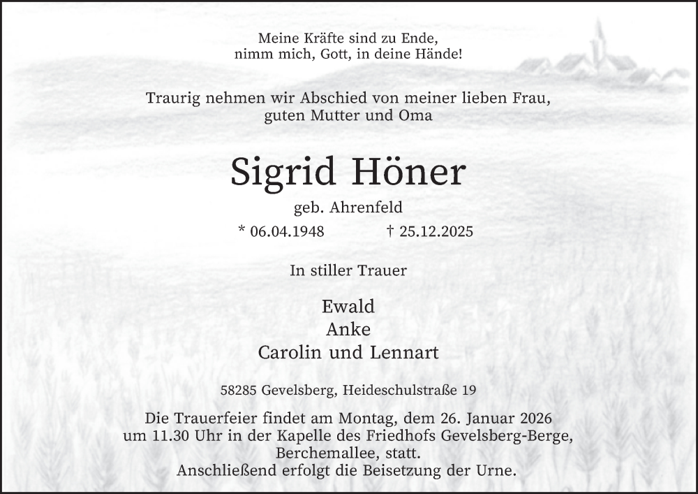  Traueranzeige für Sigrid Höner vom 03.01.2026 aus Tageszeitung