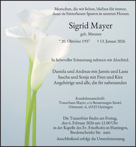 Traueranzeige von Sigrid Mayer von Tageszeitung