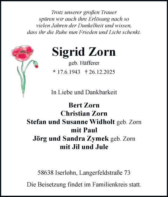 Traueranzeige von Sigrid Zorn von Tageszeitung