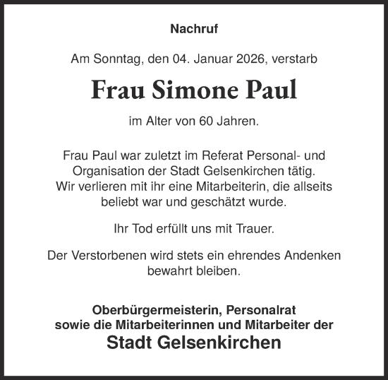 Traueranzeige von Simone Paul von Tageszeitung