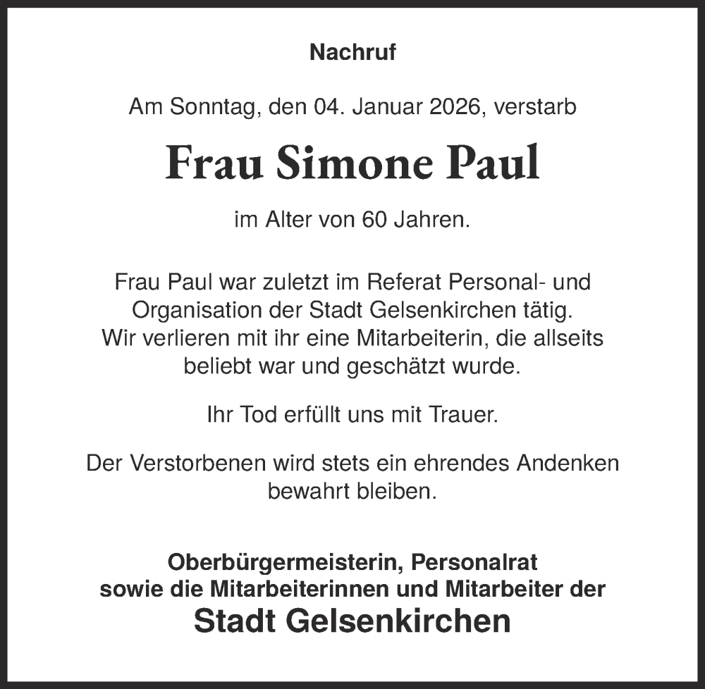  Traueranzeige für Simone Paul vom 10.01.2026 aus Tageszeitung